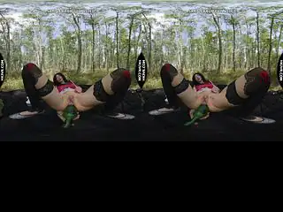 VR180 Hotkinkyjo take big green bottle in ass, anal gape & prolapse in the birch trees forest