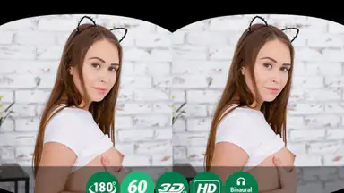 Cute ears on head, fingers on clit