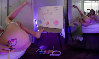 Abbie Storm Dirty Pop Art on Her Naked Body and Canvas Watching Herself in the Mirror